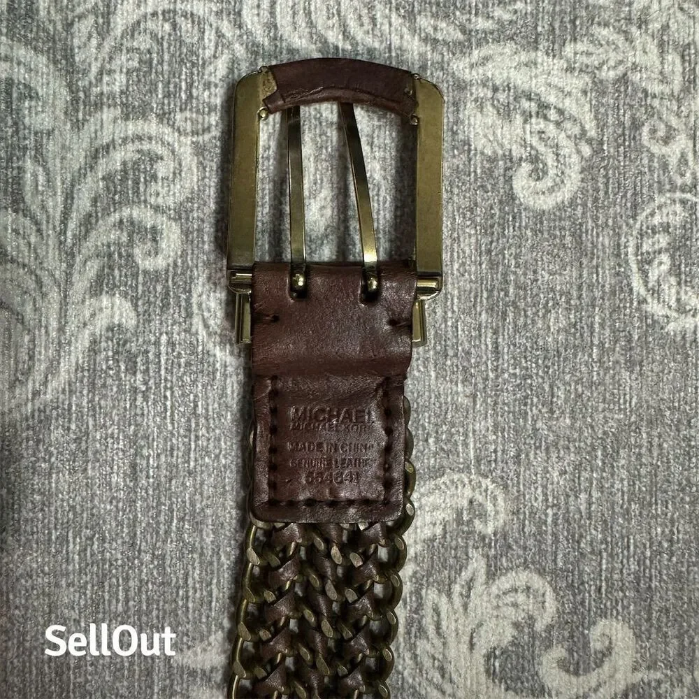 Men's Brown Braided Michael Kors Brass & Leather Belt with Brass Buckle